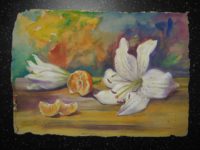 Натюрморт с белой лилией и мандарином